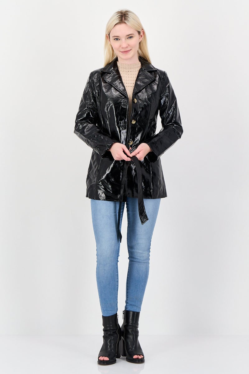 NIA Women Solid Long Sleeve Trench Coat, Black - Image 2